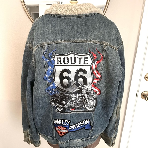 Vintage XL fleece lined denim jacket with custom Route 66 and Harley patches - Picture 2 of 13